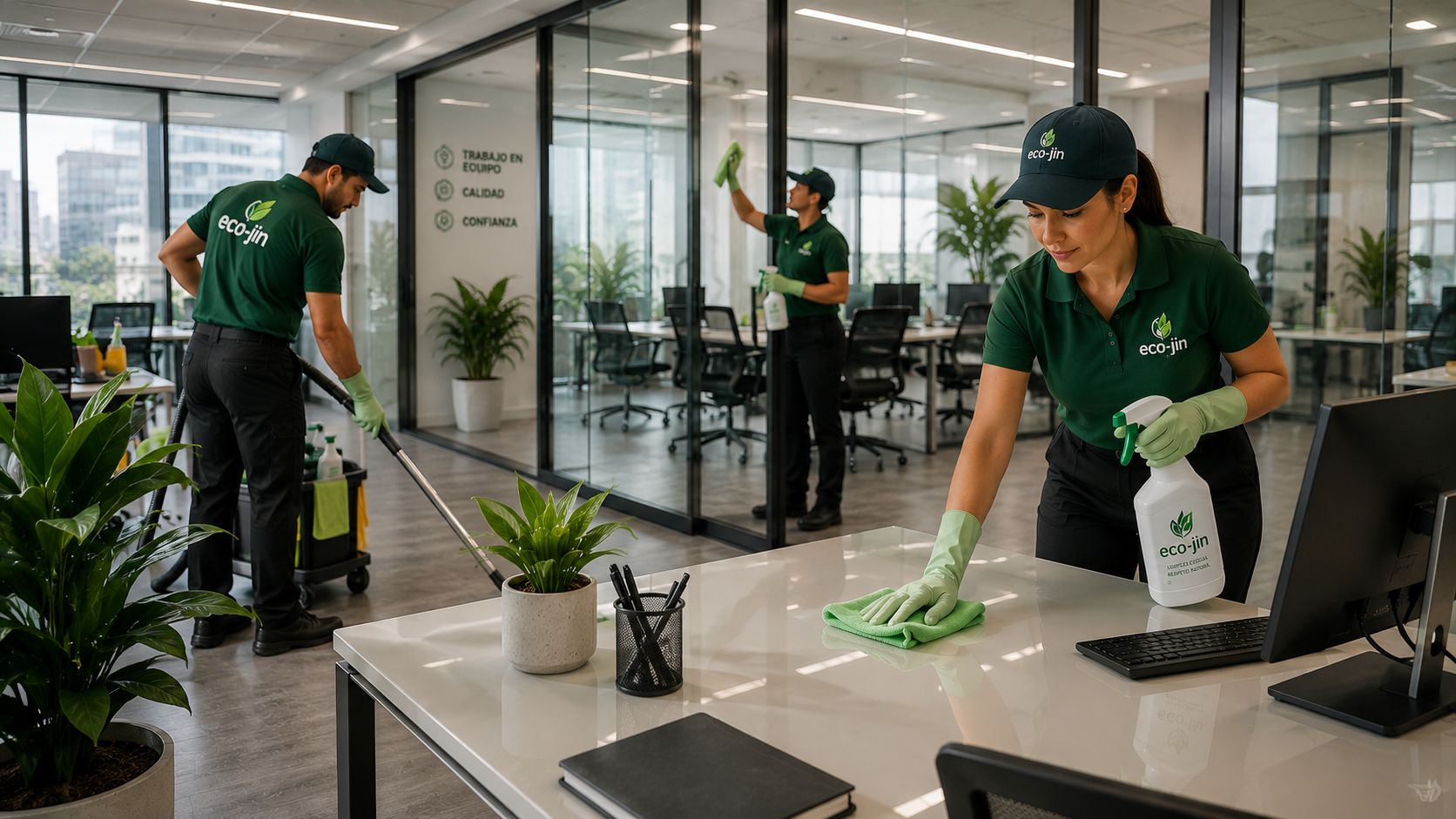 Equipo de Élite Limpieza Extrema con uniformes Eco-Jin limpiando una oficina moderna